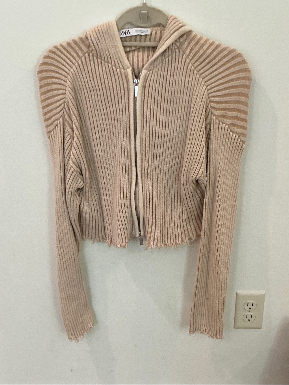 ZARA Beige Ribbed Zip-Up Hooded Cardigan